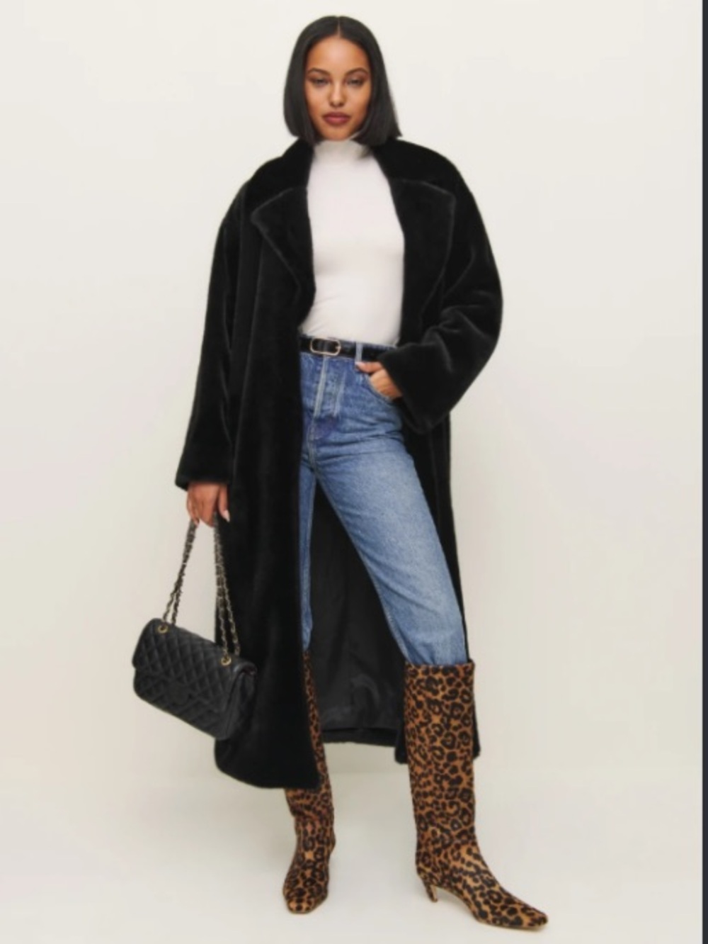 Reformation Black Chloe Faux Fur Oversized Coat